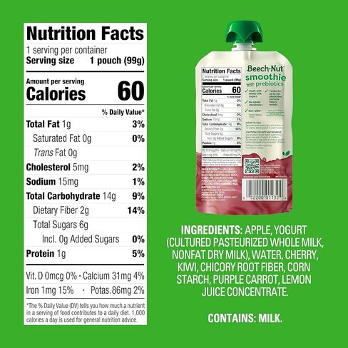 Beech-Nut Toddler Smoothies with Prebiotics, Banana Mango Passion Fruit & Yogurt Baby & Toddler Food Pouches, 3.5 oz (12 Pack) in Kuwait