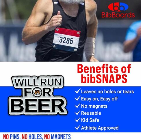 BibBoards Metal “Will Run for Beer" Event Clips | bibSNAPS Safety Lock Bib Clips, Eliminate Safety Pins, Metal Event Clips, Clothing Pins Replacement, for Securing Running and Cycling Number in Kuwait