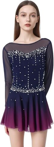 فستان LIUHUO للتزلج على الجليد، تنورة شبكية أرجوانية متدرجة، أكمام خطافية للفتيات، أداء المنافسة in Kuwait