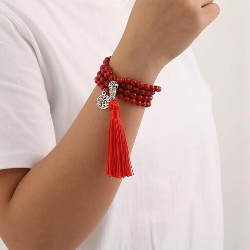 108 Mala Prayer Beads Wrap Necklace with Long Tassel Boho Necklace for Women Amazonite Bead Bracelet with Spiritual Tree of Life Pendant 108 Beads Necklace for Meditation in Kuwait