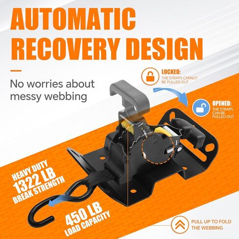 2pcs أشرطة السقاطة القابلة للسحب تناسب 2015-2025 Ford F150 250 350 450 Tuto Retract Tie Down Strapswith Drowivel Ratchet for Truck Bed Hight-Duty Boxlink Transors لنقل الشحن الآمن (النمط A) in Kuwait