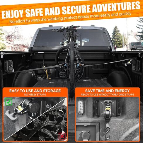 2pcs أشرطة السقاطة القابلة للسحب تناسب 2015-2025 Ford F150 250 350 450 Tuto Retract Tie Down Strapswith Drowivel Ratchet for Truck Bed Hight-Duty Boxlink Transors لنقل الشحن الآمن (النمط A) in Kuwait