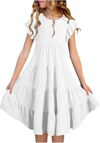 Little Girls Summer Midi Dresses Toddler Kids Preppy Ruffles Sleeve Flutter A Line Dress Teens Girl Casual Tiered Sun Dress in Kuwait