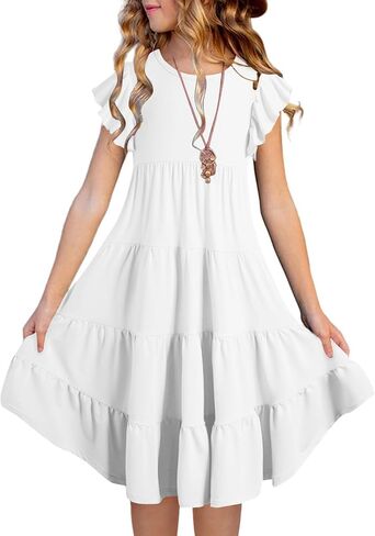 Little Girls Summer Midi Dresses Toddler Kids Preppy Ruffles Sleeve Flutter A Line Dress Teens Girl Casual Tiered Sun Dress in Kuwait