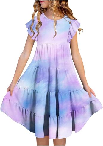 Toddler Girls Summer Gradient Dresses Kids Double Layer Ruffle A Line Dress Teen Cotton Casual Skater Tiered Swing Sun Dress in Kuwait