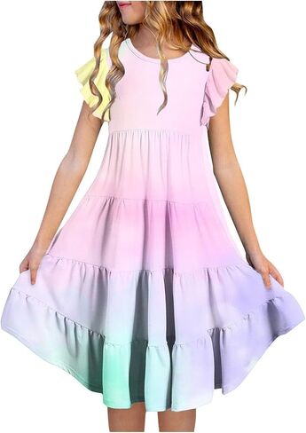 Toddler Girls Summer Gradient Dresses Kids Double Layer Ruffle A Line Dress Teen Cotton Casual Skater Tiered Swing Sun Dress in Kuwait