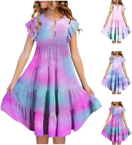 Toddler Girls Summer Gradient Dresses Kids Double Layer Ruffle A Line Dress Teen Cotton Casual Skater Tiered Swing Sun Dress in Kuwait