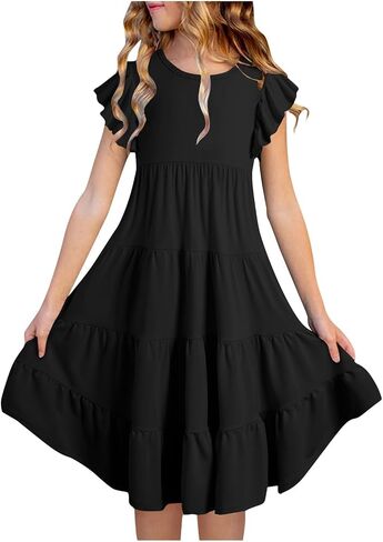 Little Girls Summer Midi Dresses Toddler Kids Preppy Ruffles Sleeve Flutter A Line Dress Teens Girl Casual Tiered Sun Dress in Kuwait