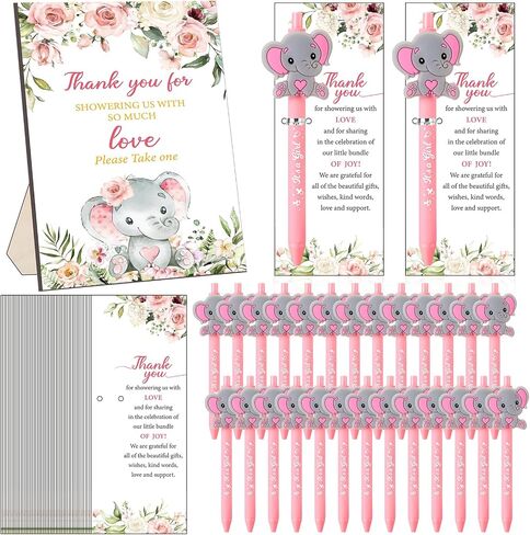 Frienda 50 Set Little Elephant Baby Shower Favors for Guests Include Wooden Sign 50 Baby Ballpoint Pens 50 elephant Thank You Cards with Twist Ties for Gender Reveal Party Baby Shower Return Gifts in Saudi Arabia