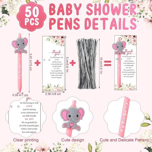 Frienda 50 Set Little Elephant Baby Shower Favors for Guests Include Wooden Sign 50 Baby Ballpoint Pens 50 elephant Thank You Cards with Twist Ties for Gender Reveal Party Baby Shower Return Gifts in Saudi Arabia