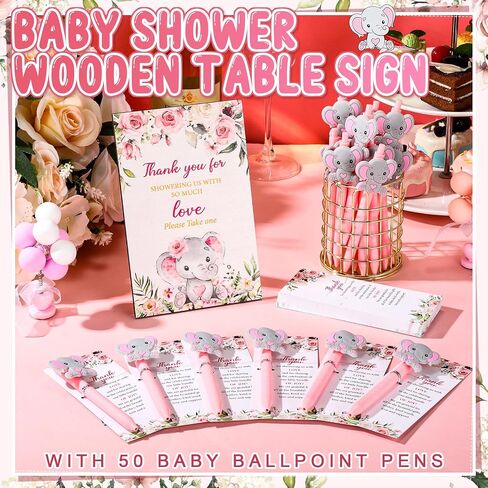 Frienda 50 Set Little Elephant Baby Shower Favors for Guests Include Wooden Sign 50 Baby Ballpoint Pens 50 elephant Thank You Cards with Twist Ties for Gender Reveal Party Baby Shower Return Gifts in Saudi Arabia