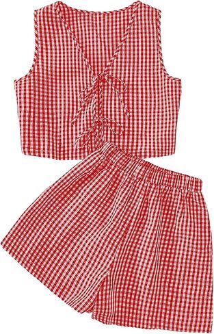 Soly Hux Women's Summer Summer Outfits Plaid Printless Side Tie Bront Tank Top Stest Sterts Peach Haction in Kuwait