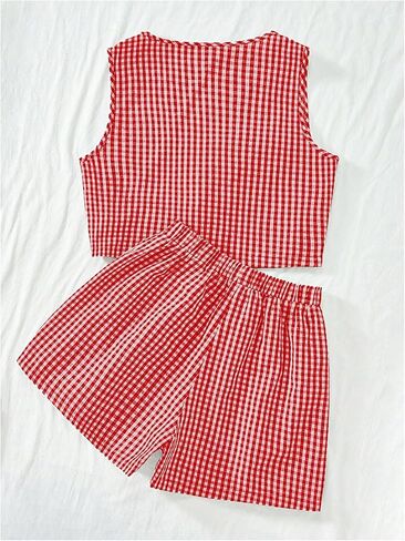Soly Hux Women's Summer Summer Outfits Plaid Printless Side Tie Bront Tank Top Stest Sterts Peach Haction in Kuwait