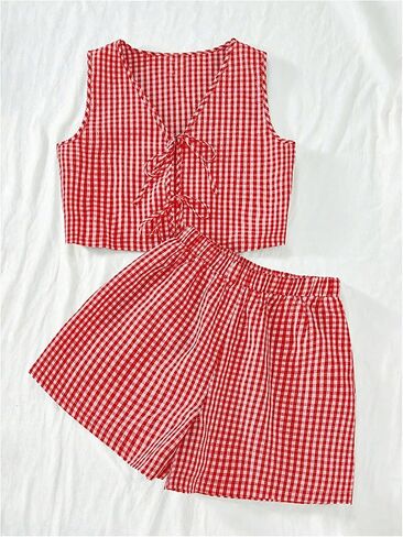 Soly Hux Women's Summer Summer Outfits Plaid Printless Side Tie Bront Tank Top Stest Sterts Peach Haction in Kuwait