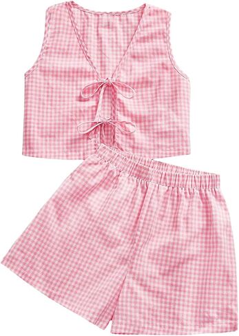 Soly Hux Women's Summer Summer Outfits Plaid Printless Side Tie Bront Tank Top Stest Sterts Peach Haction in Kuwait
