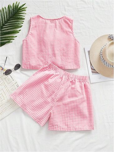 Soly Hux Women's Summer Summer Outfits Plaid Printless Side Tie Bront Tank Top Stest Sterts Peach Haction in Kuwait