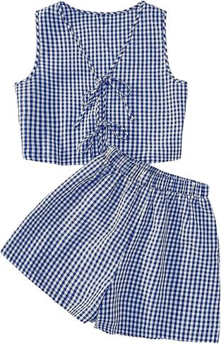 Soly Hux Women's Summer Summer Outfits Plaid Printless Side Tie Bront Tank Top Stest Sterts Peach Haction in Kuwait