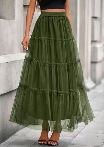 تنانير Prettygarden Maxi للنساء 2025 Fall Tulle High Checled Flowy A-Line Long Skirt Country Concert in Saudi Arabia