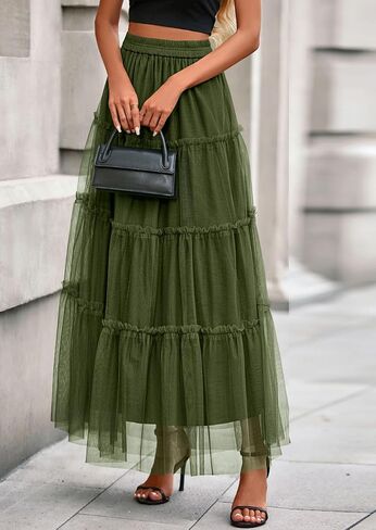تنانير Prettygarden Maxi للنساء 2025 Fall Tulle High Checled Flowy A-Line Long Skirt Country Concert in Saudi Arabia