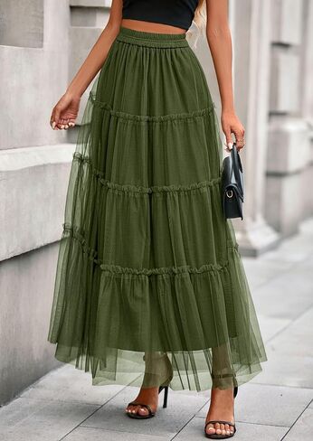 تنانير Prettygarden Maxi للنساء 2025 Fall Tulle High Checled Flowy A-Line Long Skirt Country Concert in Saudi Arabia
