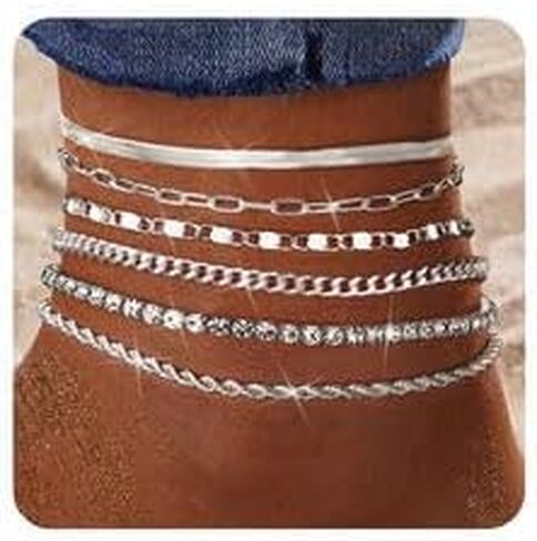 Besteel 6pcs الأساور الذهبية في الكاحل للنساء مقاوم للماء -14 كيلو طبلات مطلية للنساء غير المشوهة Hypoallergenic من الفولاذ المقاوم للصدأ الكوبي الكوبي مجموعة من المجوهرات الشاطئية قابلة للتعديل in Kuwait