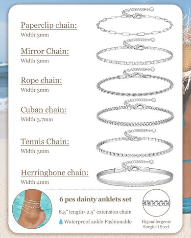 Besteel 6pcs الأساور الذهبية في الكاحل للنساء مقاوم للماء -14 كيلو طبلات مطلية للنساء غير المشوهة Hypoallergenic من الفولاذ المقاوم للصدأ الكوبي الكوبي مجموعة من المجوهرات الشاطئية قابلة للتعديل in Kuwait