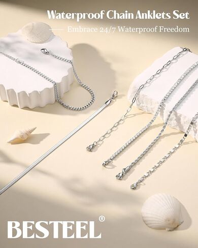 Besteel 6pcs الأساور الذهبية في الكاحل للنساء مقاوم للماء -14 كيلو طبلات مطلية للنساء غير المشوهة Hypoallergenic من الفولاذ المقاوم للصدأ الكوبي الكوبي مجموعة من المجوهرات الشاطئية قابلة للتعديل in Kuwait