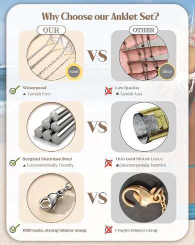 Besteel 6pcs الأساور الذهبية في الكاحل للنساء مقاوم للماء -14 كيلو طبلات مطلية للنساء غير المشوهة Hypoallergenic من الفولاذ المقاوم للصدأ الكوبي الكوبي مجموعة من المجوهرات الشاطئية قابلة للتعديل in Kuwait