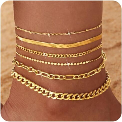 Besteel 6pcs الأساور الذهبية في الكاحل للنساء مقاوم للماء -14 كيلو طبلات مطلية للنساء غير المشوهة Hypoallergenic من الفولاذ المقاوم للصدأ الكوبي الكوبي مجموعة من المجوهرات الشاطئية قابلة للتعديل in Kuwait