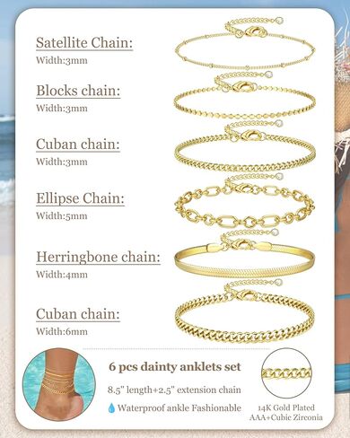Besteel 6pcs الأساور الذهبية في الكاحل للنساء مقاوم للماء -14 كيلو طبلات مطلية للنساء غير المشوهة Hypoallergenic من الفولاذ المقاوم للصدأ الكوبي الكوبي مجموعة من المجوهرات الشاطئية قابلة للتعديل in Kuwait