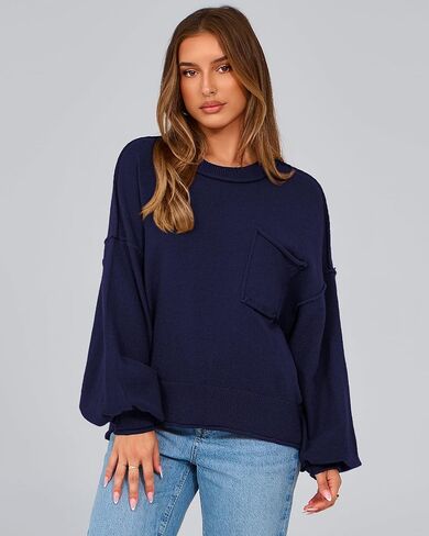 BTFBM Women's Oversized Lantern Long Sleeve Sweaters Casual Crewneck 2024 Fall Winter Outfits Ribbed Knit Pullover Tops in Kuwait