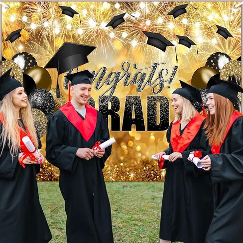 Avezano Congrats Grad Backdrop Black Gold Glitter Graduation Party Decorations Photography Background Class of 2024 Celebration Prom Party Photoshoot Photobooth (7x5ft) in Saudi Arabia