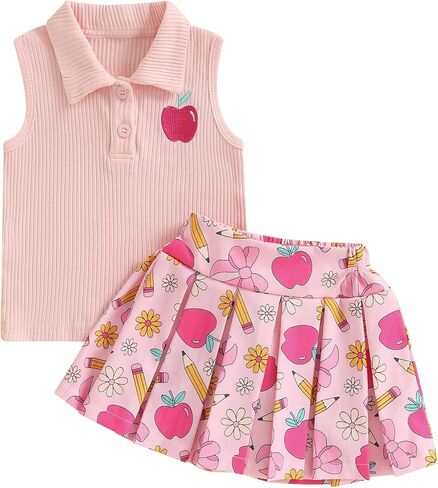 GOOCHEER Toddler Girl Back to School Outfit Kindergarten Pre K First Grade Sleeveless T-Shirt Tank Top A-Line Skirt Set in Saudi Arabia