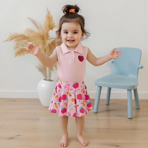 GOOCHEER Toddler Girl Back to School Outfit Kindergarten Pre K First Grade Sleeveless T-Shirt Tank Top A-Line Skirt Set in Saudi Arabia