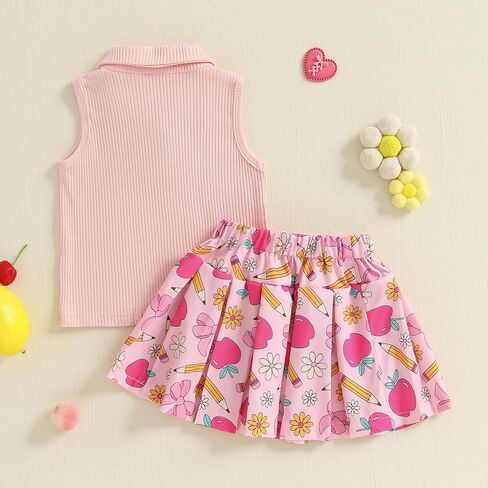 GOOCHEER Toddler Girl Back to School Outfit Kindergarten Pre K First Grade Sleeveless T-Shirt Tank Top A-Line Skirt Set in Saudi Arabia