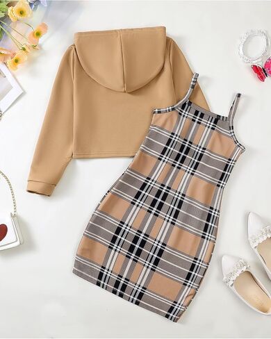 Girls 2 Piece Outfits Cami Dresses Hoodie Clothing Set Plaid Bodycon Dress Crop Top Sweatshirt Fall Winter Clothes in Kuwait