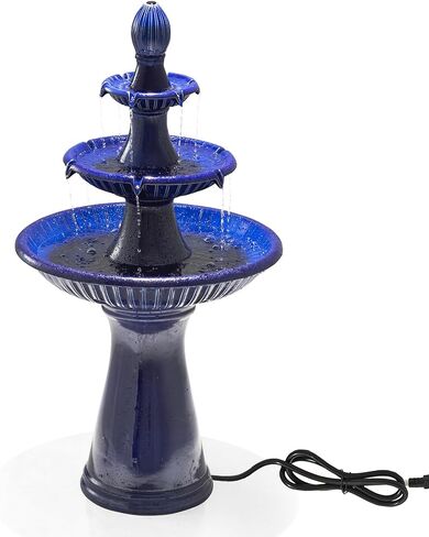Glitzhome Three Tier Outdoor Floor Standing Fountain with LED Lights and Pump, 45.25" Tall Water Fountain Outdoor Fountains and Waterfalls Ceramic Blue Patio Fountains for Garden Backyard Lawn Decor in Saudi Arabia