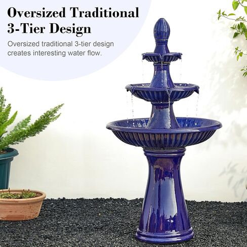 Glitzhome Three Tier Outdoor Floor Standing Fountain with LED Lights and Pump, 45.25" Tall Water Fountain Outdoor Fountains and Waterfalls Ceramic Blue Patio Fountains for Garden Backyard Lawn Decor in Saudi Arabia