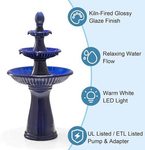 Glitzhome Three Tier Outdoor Floor Standing Fountain with LED Lights and Pump, 45.25" Tall Water Fountain Outdoor Fountains and Waterfalls Ceramic Blue Patio Fountains for Garden Backyard Lawn Decor in Saudi Arabia