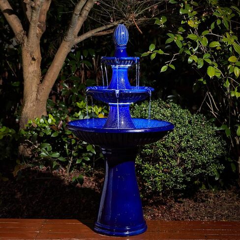 Glitzhome Three Tier Outdoor Floor Standing Fountain with LED Lights and Pump, 45.25" Tall Water Fountain Outdoor Fountains and Waterfalls Ceramic Blue Patio Fountains for Garden Backyard Lawn Decor in Saudi Arabia