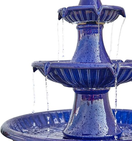 Glitzhome Three Tier Outdoor Floor Standing Fountain with LED Lights and Pump, 45.25" Tall Water Fountain Outdoor Fountains and Waterfalls Ceramic Blue Patio Fountains for Garden Backyard Lawn Decor in Saudi Arabia