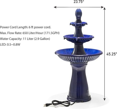 Glitzhome Three Tier Outdoor Floor Standing Fountain with LED Lights and Pump, 45.25" Tall Water Fountain Outdoor Fountains and Waterfalls Ceramic Blue Patio Fountains for Garden Backyard Lawn Decor in Saudi Arabia