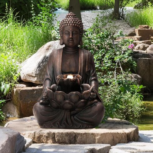 Glitzhome Outdoor Fountain 23.25" H, Zen Style Buddha Fountains Indoor Water Fountain with Pump & LED Lights, Freestanding Water Feature Fountains Outside Garden Backyard Decor in Kuwait