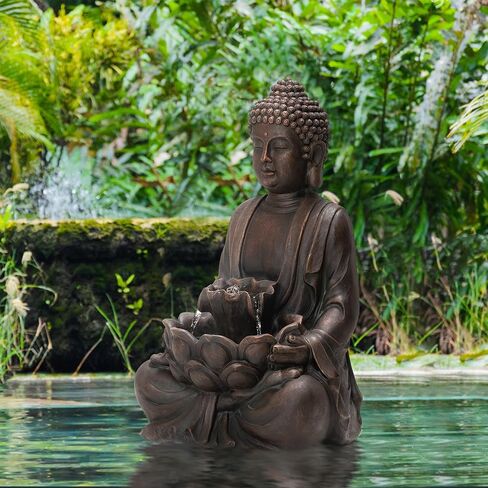 Glitzhome Outdoor Fountain 23.25" H, Zen Style Buddha Fountains Indoor Water Fountain with Pump & LED Lights, Freestanding Water Feature Fountains Outside Garden Backyard Decor in Kuwait