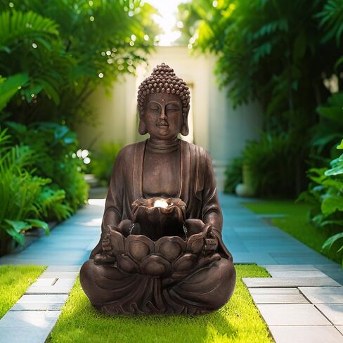 Glitzhome Outdoor Fountain 23.25" H, Zen Style Buddha Fountains Indoor Water Fountain with Pump & LED Lights, Freestanding Water Feature Fountains Outside Garden Backyard Decor in Kuwait