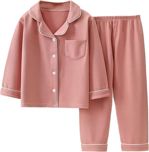 Teens Girls Boys Cotton 𝐏ajamas Sets Toddler Baby Striped Button Up 𝗟ounge 𝐒leepwear Kids Long Sleeve 𝐏js 𝐍ightwear in Saudi Arabia