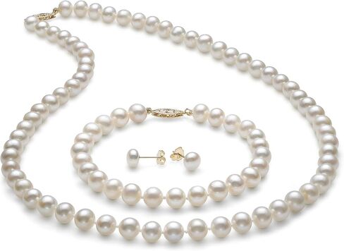 Belacqua 14K Gold Freshwater Pearl 18" Necklace Bracelet Stud Earrings Set for Women | Jewelry for Her | Gift Box Included in Saudi Arabia