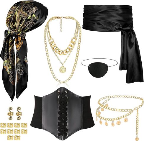 Vermeyen 8 PCS Assume Assume Assume for Women with Head و Dancf Wrap Pirate Pirate Corset Eye Patch Netclace Sash Belt in Kuwait