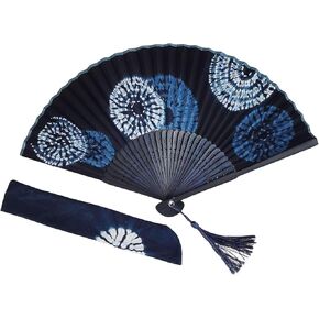Japanese Shibori Hand Fan Foldable | Nautral Plant-Dyed Hand Fans for Women Foldable | Bamboo Frame Cotton Handheld Fan with Tassels Pouch (Indigo - H) in Saudi Arabia
