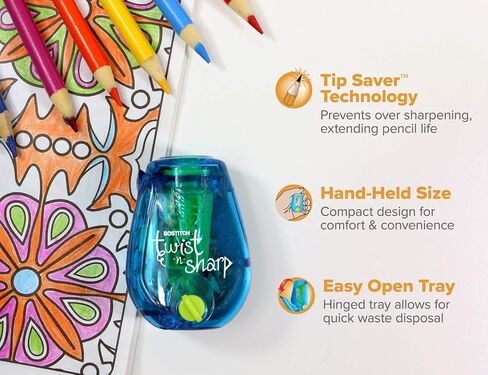 Bostitch Office Pencil Sharpener Twist-N-Sharp Colored Manual Small Pencil Sharpeners Hand Held, 3 Pack, Covered, Lime Green, Blue and Red Color Portable Handheld Sharpeners with Cover, PS1-ADJ-X3 in Saudi Arabia